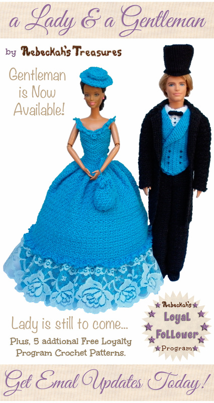 Get email updates from @beckastreasures! | Sign up today to receive free crochet patterns, special discounts and news from Rebeckah's Treasures... Learn more here: http://goo.gl/o7543o #crochet #barbie #ken