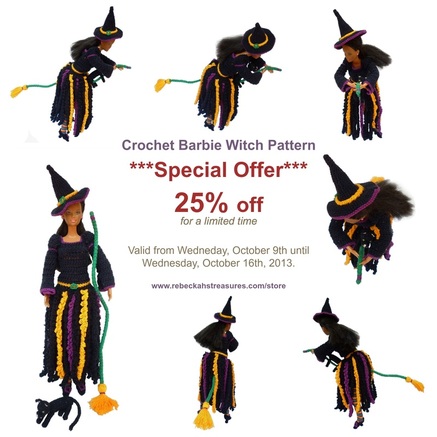 Rebeckah's Treasures' Crochet Barbie Witch Pattern is 25% OFF for a limited time only...