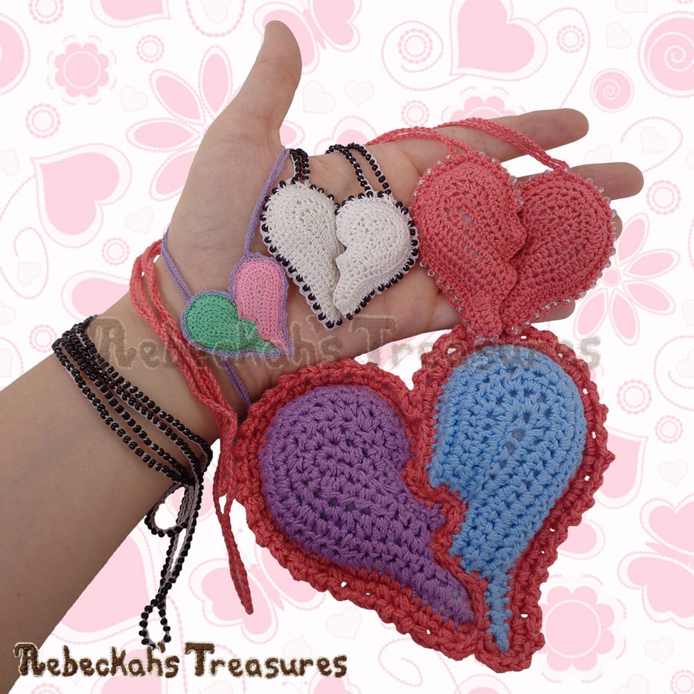 4 Broken Hearts in my hand! | Crochet Pattern by @beckastreasures for @getstuffed! | Will it be an amigurumi or an appliqué? Will it be a necklace, a fob or a pillow? Will the hearts be separated to share with your besties or kept whole to show broken hearts can be mended? YOU get to decide!!! | Available exclusively in #GetStuffedMagazine - the January 2017 issue - Get your copy today! | #crochet #pattern #brokenheart #valentine #heart #amigurumi #appliqué #necklace #fob #pillow