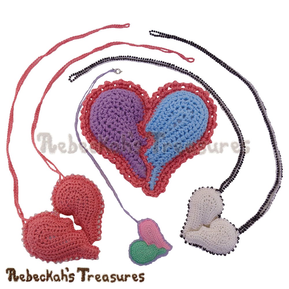 All 4 Broken Hearts! | Crochet Pattern by @beckastreasures for @getstuffed! | Will it be an amigurumi or an appliqué? Will it be a necklace, a fob or a pillow? Will the hearts be separated to share with your besties or kept whole to show broken hearts can be mended? YOU get to decide!!! | Available exclusively in #GetStuffedMagazine - the January 2017 issue - Get your copy today! | #crochet #pattern #brokenheart #valentine #heart #amigurumi #appliqué #necklace #fob #pillow