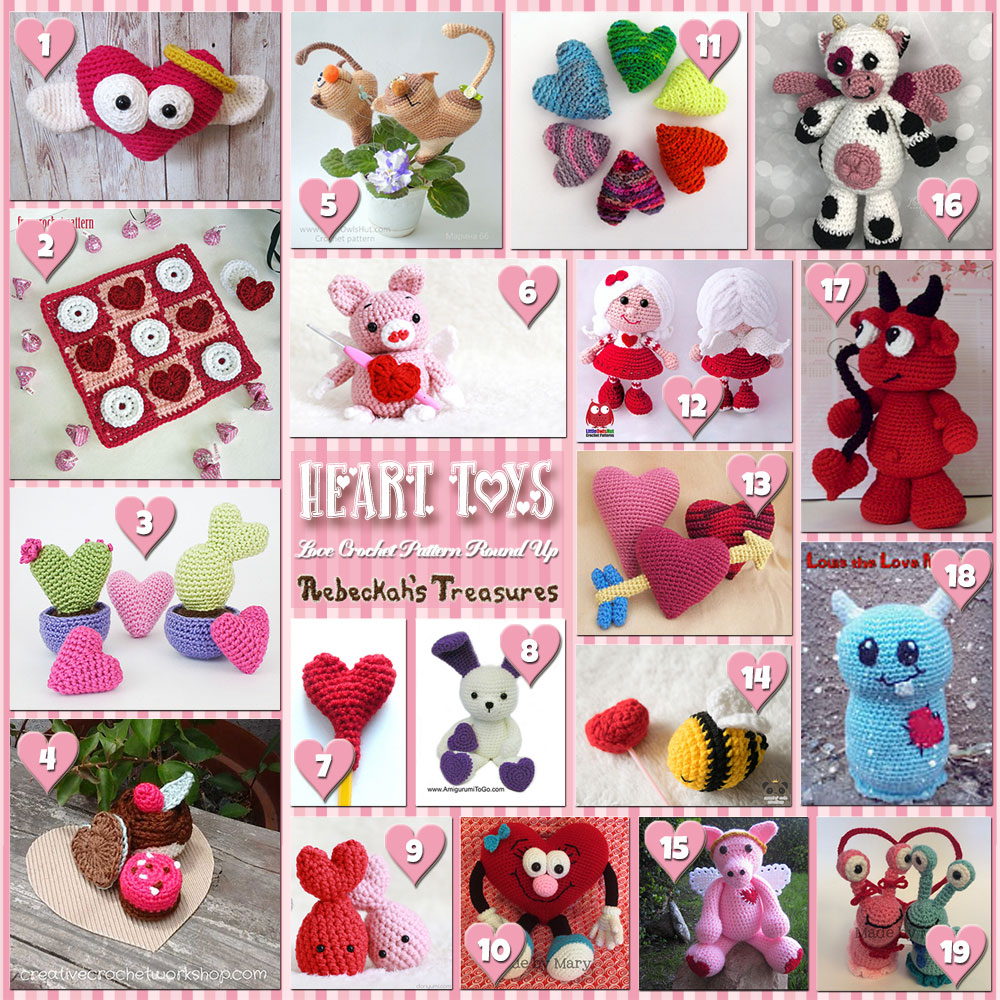 I Heart Toys! (Collage A) | A LOVE Round Up by @beckastreasures with @FreshStitches @LittleOwlsHut @melissaspattrns & MORE! | Featuring 38 #Crochet #Patterns from 23 designers (20 #FREE + 18 Premium) | #hearts #kisses #valentines #love