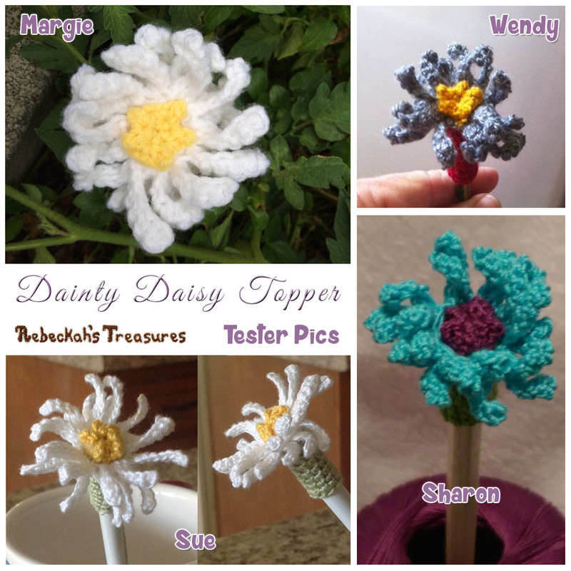 Dainty Daisy Pencil Topper / Finger Puppet | FREE crochet pattern via @beckastreasures | Tester pics by Margie E., Sharon E., Sue B. & Wendy B.