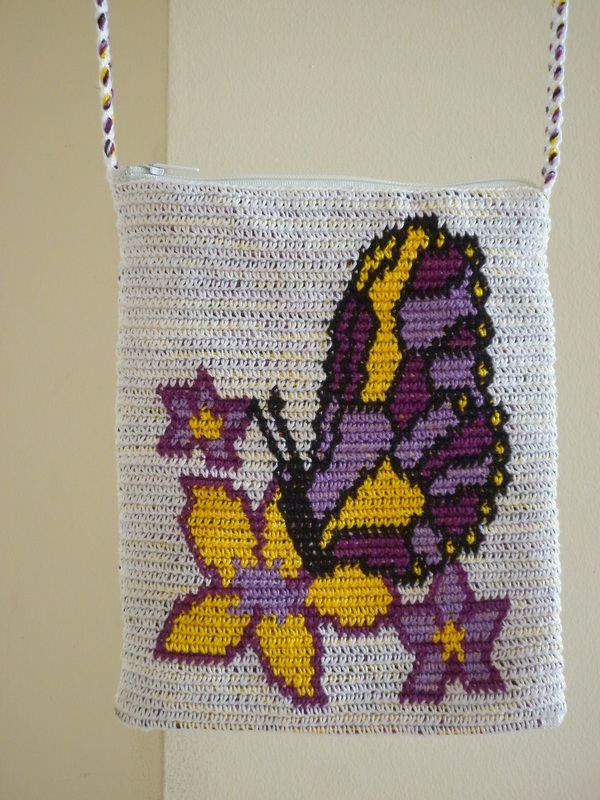Tapestry Crochet Shoulder Bag Butterfly & Flowers