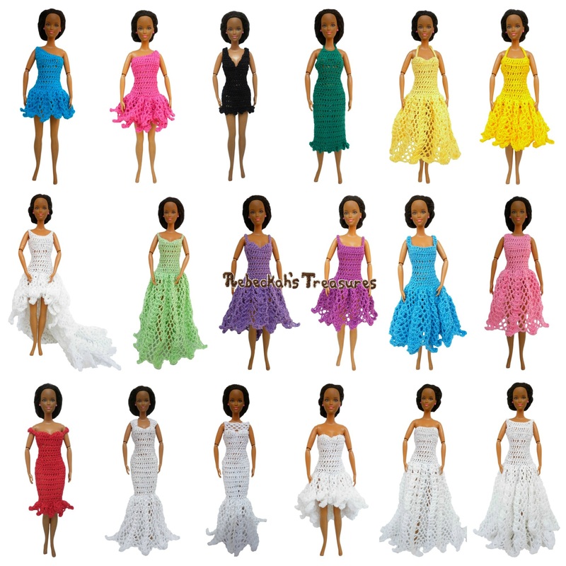 Round Up of 18 Dress Previews for Barbie's New Collection ~ From top-left: 1. Right Asymmetrical Ice Princess Dress, 2. Left Asymmetrical Mini Ball Gown Dress, 3. V-Neck Little Black Dress, 4. Halter Column Dress, 5. Sweetheart Halter Strap A-Line Summer Dress, 6. Halter Strap Ball Gown Summer Dress, 7. Scoop High-Low Dress with Train, 8. Low Scoop Princess Dress, 9. Sweetheart Scoop High-Low Dress, 10. Spaghetti Strap Square A-Line Dress, 11. Square Ball Gown Dress, 12. Jewel High Waist Dress, 13. Sweetheart Capped Sleeves Cocktail Dress, 14. Queen Anne Mermaid Dress, 15. Sweetheart Illusion Fishtail Dress, 16. Sweetheart Flowy High-Low Dress, 17. Straight-Across Beaded A-Line Dress with Train, and 18. Bateau Ball Gown Dress.