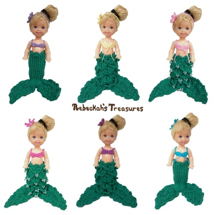 6 Little Crochet Mermaids for Child Fashion Dolls (Kelly Doll by Mattel used as model)