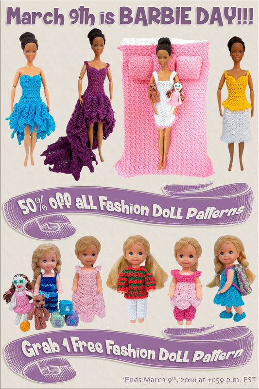 March 9th is Barbie Day!!! | 50% off ALL Fashion Doll Crochet Patterns by @beckastreasures. Plus, a FREEBIE too!