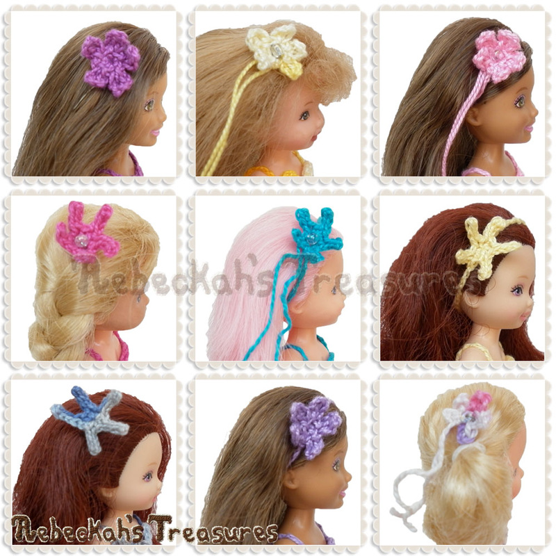9 Child & Girl Fashion Doll Mermaid Hair Accessories | crochet patterns via @beckastreasures | #mermaid #hair #crochet #seaflower #starfish #Kelly #Chelsea
