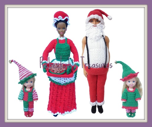 Crochet Ken Claus, Barbie Claus, Elf Kelly, and Elf Tommy by Rebeckah's Treasures