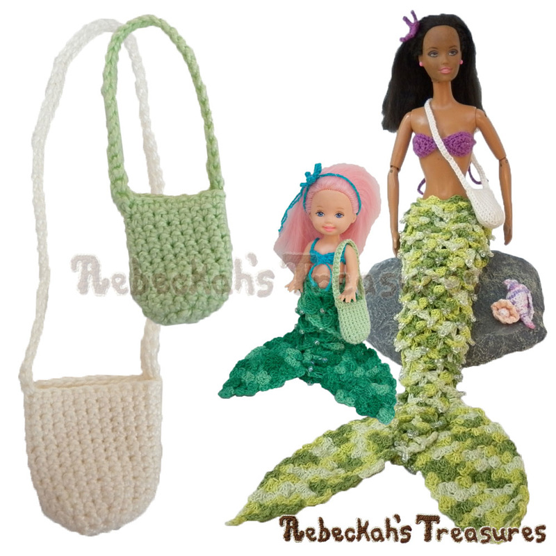 Cross-Body Treasure Bags | FREE crochet patterns via @beckastreasures | Crochet these bags for your mermaid fashion dolls' great treasure-hunting adventures today! #barbie #crochet #bag
