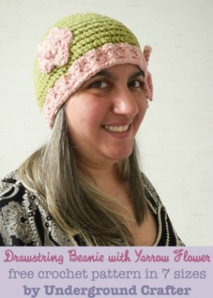 Drawstring Beanie with Yarrow Flower by Marie of Underground Crafter - Featured on @beckastreasures Saturday Link Party!