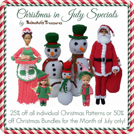 Christmas in July Specials From now until the end of July 2014, you can purchase any of my individual Christmas crochet patterns at 25% off, or one of the Christmas crochet bundles at 50% off Total Pattern Value!