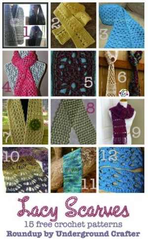 Lacy Scarves crochet pattern round up by Marie of Underground Crafter - Featured on @beckastreasures Saturday Link Party!