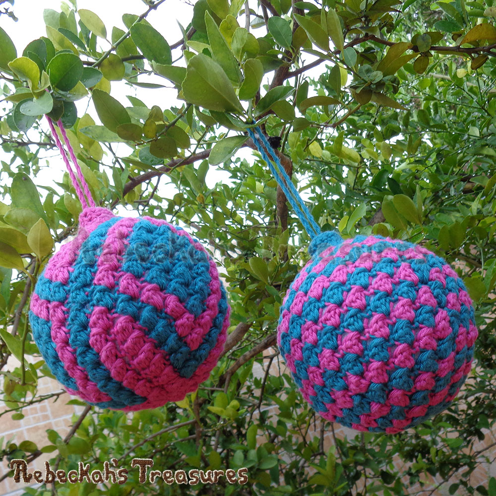 Diamonds & Striped Bobble Baubles on a lemon tree! | Amigurumi Crochet Patterns by @beckastreasures | Written patterns + photo tutorials too | Available to purchase in my #Ravelry & Website shops - Get your copies today! | #crochet #pattern #amigurumi #christmas #bauble #ornament #diamonds #RebeckahsTreasures