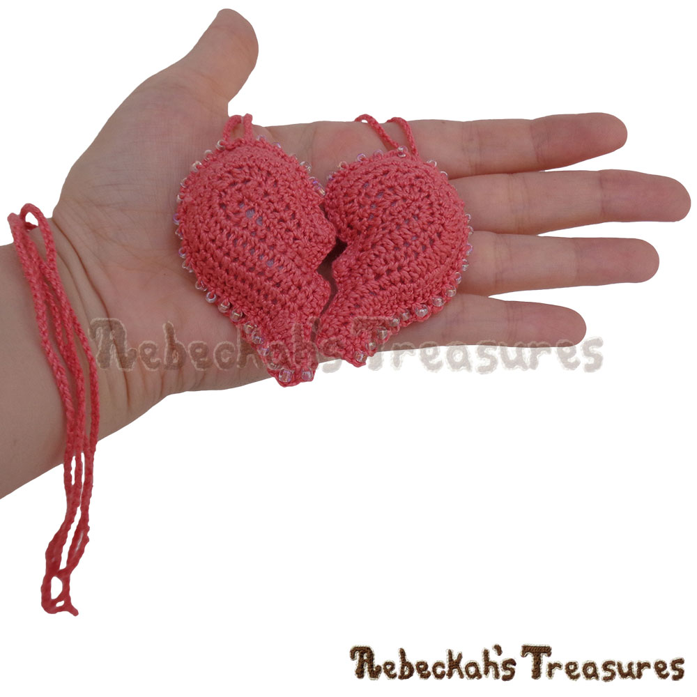 Both Necklace Heart Halves Together in the Palm of My Hand! | Dusty Rose Jumbo Broken Hearts Necklace Set Story | A Crochet Pattern by @beckastreasures for @getstuffed | Is it an amigurumi or an appliqué? Will it be a necklace, a fob or a pillow? Are the hearts separated to share with your besties or kept whole to show broken hearts can be mended? YOU get to decide!!! | #crochet #pattern #brokenheart #valentine #heart #amigurumi #appliqué #necklace #fob #pillow