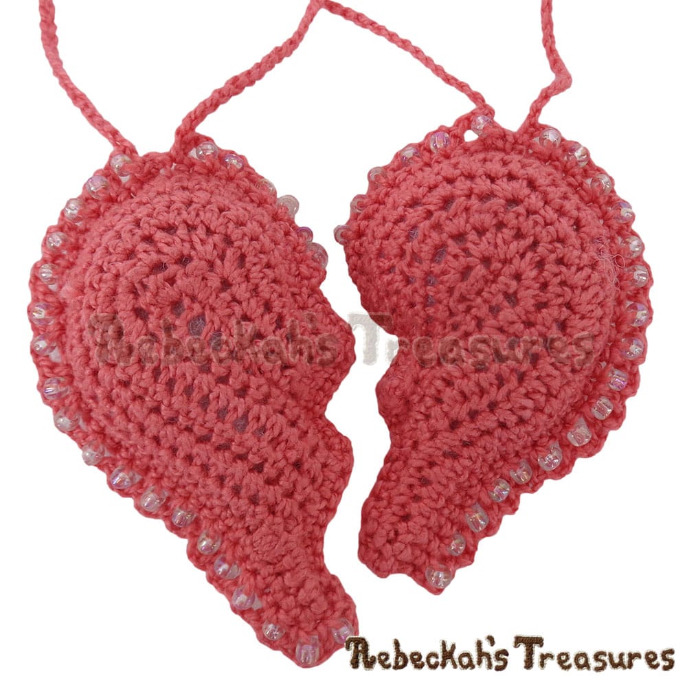 Dusty Rose Broken Hearts Necklace - Close Up! | Crochet Pattern by @beckastreasures for @getstuffed! | Will it be an amigurumi or an appliqué? Will it be a necklace, a fob or a pillow? Will the hearts be separated to share with your besties or kept whole to show broken hearts can be mended? YOU get to decide!!! | Available exclusively in #GetStuffedMagazine - the January 2017 issue - Get your copy today! | #crochet #pattern #brokenheart #valentine #heart #amigurumi #appliqué #necklace #fob #pillow