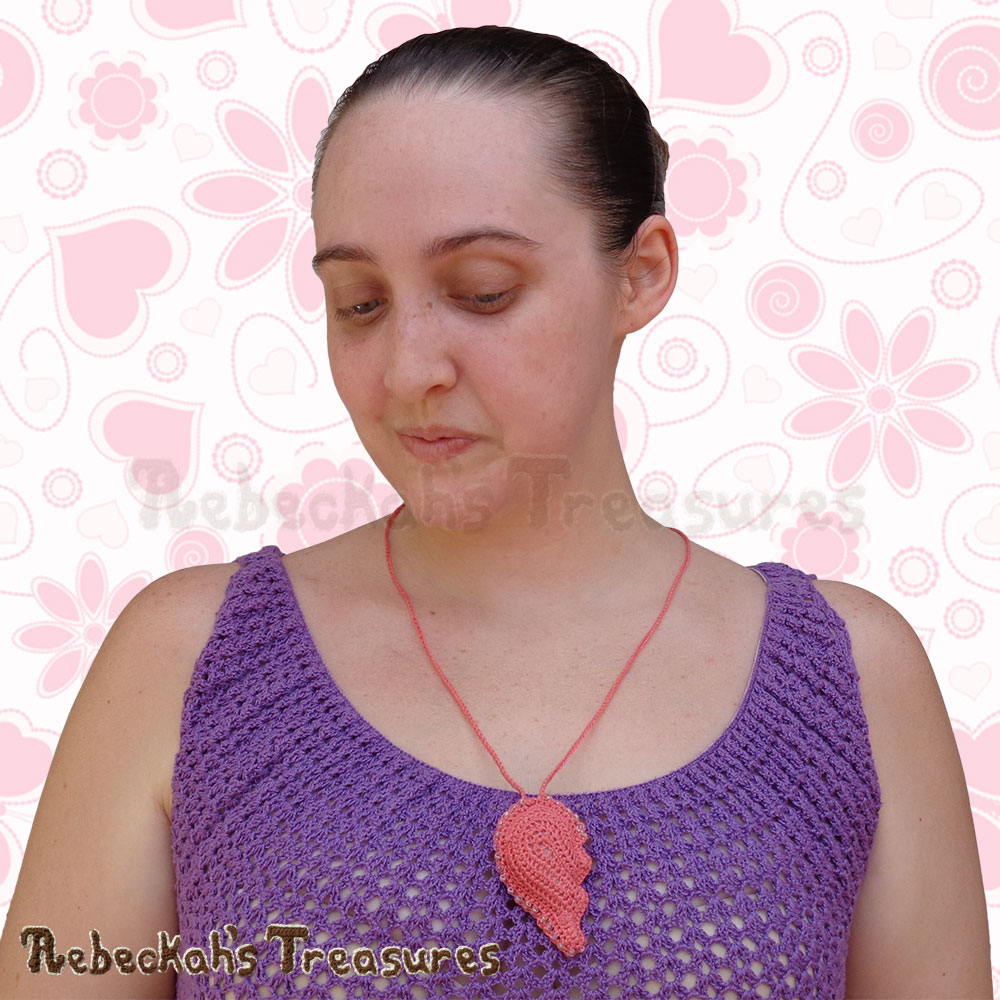 Left Heart Half Necklace on Me! | Dusty Rose Jumbo Broken Hearts Necklace Set Story | A Crochet Pattern by @beckastreasures for @getstuffed | Is it an amigurumi or an appliqué? Will it be a necklace, a fob or a pillow? Are the hearts separated to share with your besties or kept whole to show broken hearts can be mended? YOU get to decide!!! | #crochet #pattern #brokenheart #valentine #heart #amigurumi #appliqué #necklace #fob #pillow
