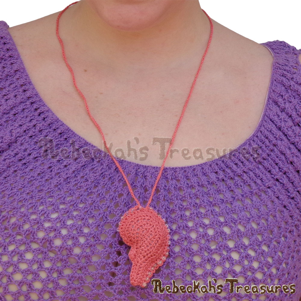 Right Heart Half CLOSE-UP on Me! | Dusty Rose Jumbo Broken Hearts Necklace Set Story | A Crochet Pattern by @beckastreasures for @getstuffed | Is it an amigurumi or an appliqué? Will it be a necklace, a fob or a pillow? Are the hearts separated to share with your besties or kept whole to show broken hearts can be mended? YOU get to decide!!! | #crochet #pattern #brokenheart #valentine #heart #amigurumi #appliqué #necklace #fob #pillow