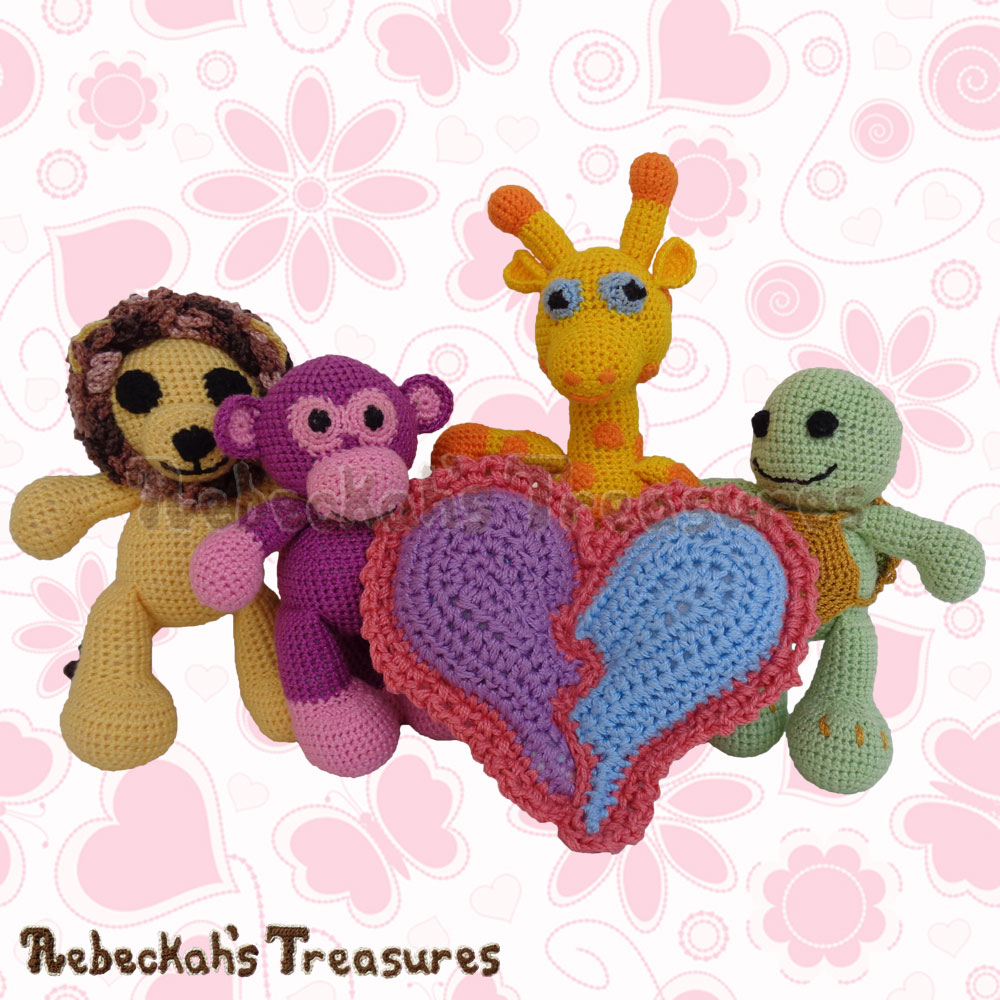 Amigurumi Animals with Dolly's Pillow! | Dolly's Broken Heart Pillow Story | A Crochet Pattern by @beckastreasures for @getstuffed | Is it an amigurumi or an appliqué? Will it be a necklace, a fob or a pillow? Are the hearts separated to share with your besties or kept whole to show broken hearts can be mended? YOU get to decide!!! | #crochet #pattern #brokenheart #valentine #heart #amigurumi #appliqué #necklace #fob #pillow