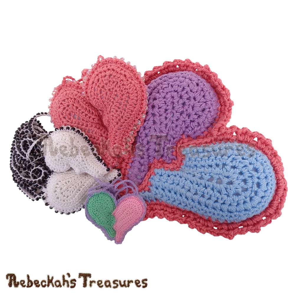 4 Broken Hearts grouped together! | Crochet Pattern by @beckastreasures for @getstuffed! | Will it be an amigurumi or an appliqué? Will it be a necklace, a fob or a pillow? Will the hearts be separated to share with your besties or kept whole to show broken hearts can be mended? YOU get to decide!!! | Available exclusively in #GetStuffedMagazine - the January 2017 issue - Get your copy today! | #crochet #pattern #brokenheart #valentine #heart #amigurumi #appliqué #necklace #fob #pillow