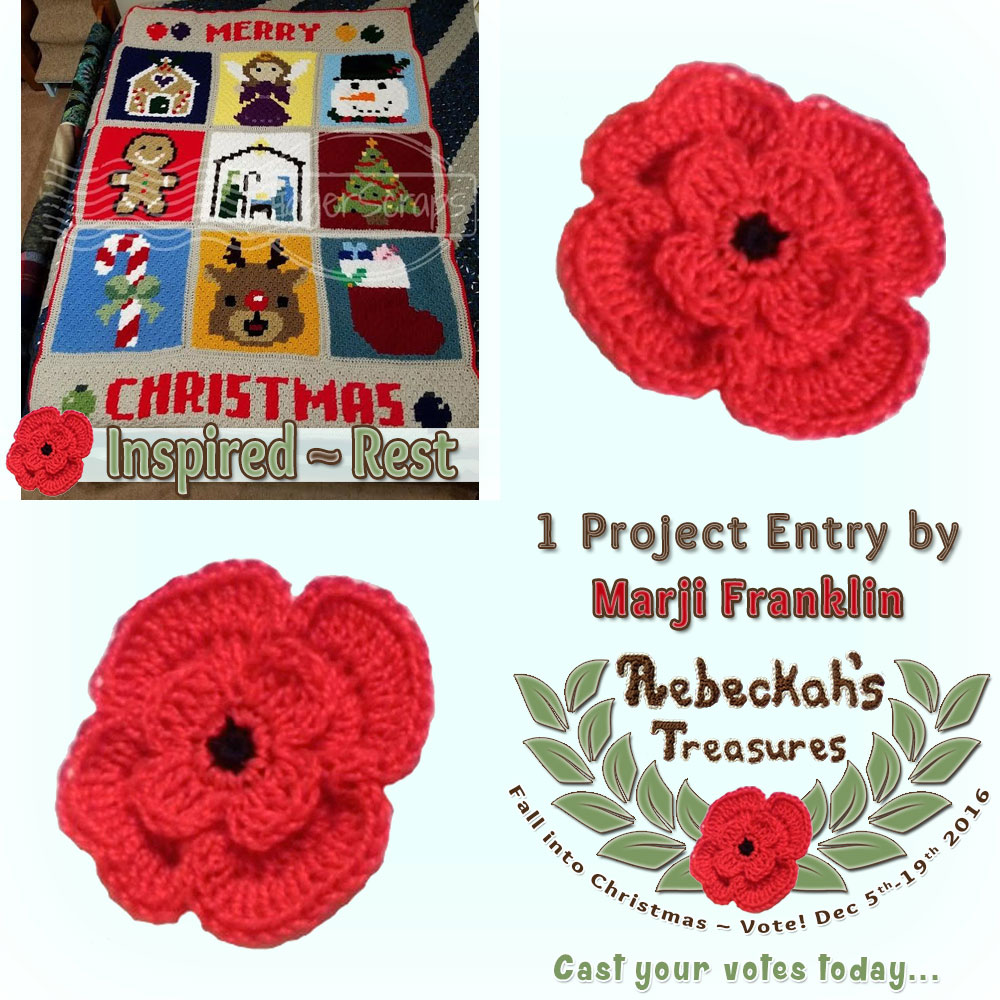 Meet Marji Franklin! |Fall into Christmas 2016 - Contestants with names L-N via @beckastreasures! | Get to know more about her entries, if they have patterns and where they can be found. | Vote for your favourites from Dec. 5th-19, 2016! | #fallintochristmas2016 #crochetcontest #meetthecontestants