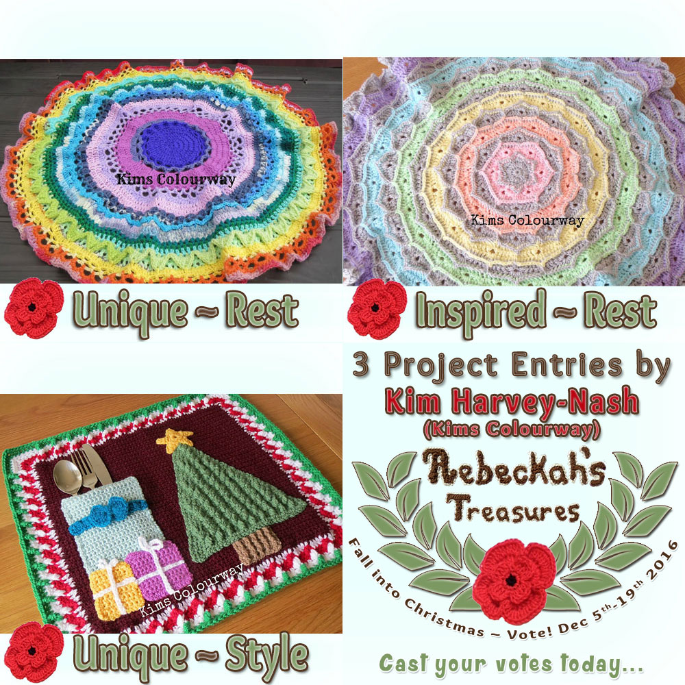 Meet Kim Harvey-Nash of Kims Colourway! |Fall into Christmas 2016 - Contestants with names D-K via @beckastreasures! | Get to know more about her entries, if they have patterns and where they can be found. | Vote for your favourites from Dec. 5th-19, 2016! | #fallintochristmas2016 #crochetcontest #meetthecontestants