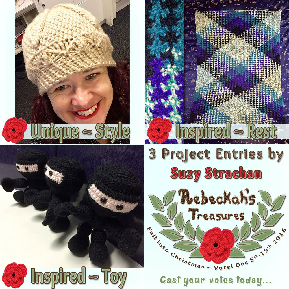 Meet Suzy Strachan! | Fall into Christmas 2016 - Contestants with names P-W via @beckastreasures! | Get to know more about her entries, if they have patterns and where they can be found. | Vote for your favourites from Dec. 5th-19, 2016! | #fallintochristmas2016 #crochetcontest #meetthecontestants
