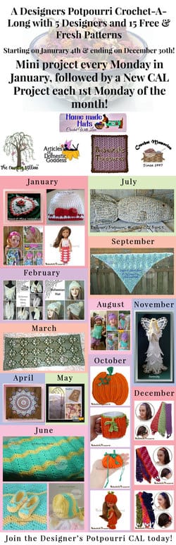 A Designer's Potpourri Year-Long CAL with @beckastreasures, @countrywillow12, @crochetmemories, @Sherrys2boyz & @ArtofaDG | 23 #FREE #crochet patterns | Starts January 4th, 2016 and last all year | Join today!