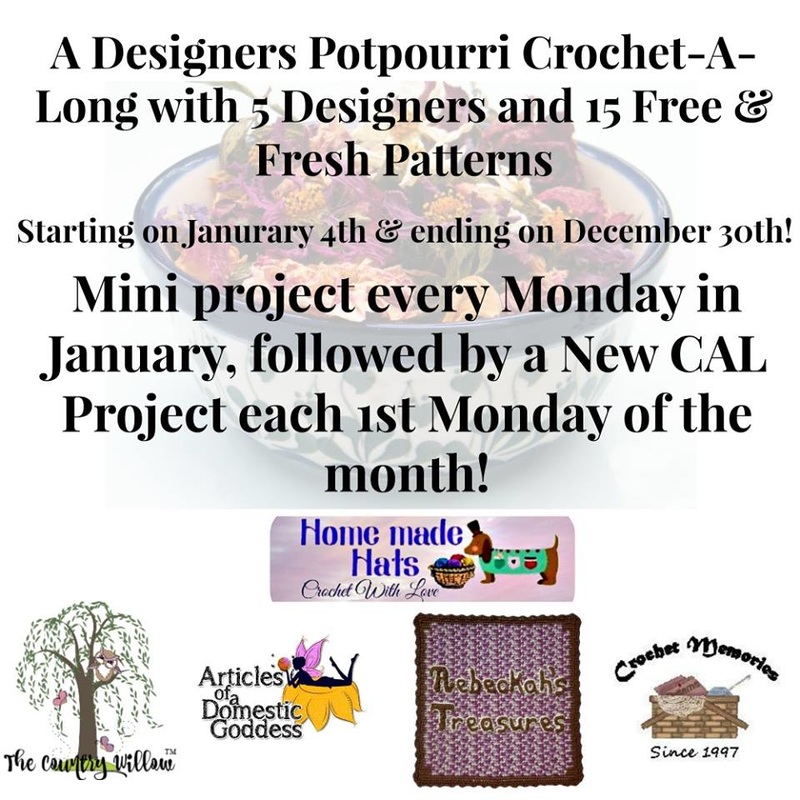 A Designer's Potpourri Year-Long CAL with @beckastreasures, @countrywillow12, @crochetmemories, @Sherrys2boyz & @ArtofaDG | 15 #FREE #crochet patterns | Starts January 4th, 2016 and last all year | Join today!