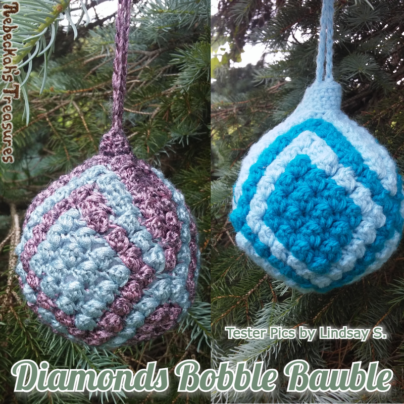 Diamonds Bobble Bauble Tester Pictures by #LindsayS | Amigurumi Crochet Pattern by @beckastreasures | Written pattern + photo tutorials too | Available to purchase in my #Ravelry & Website shops - Get your copy today! | #crochet #pattern #amigurumi #christmas #bauble #ornament #diamonds #RebeckahsTreasures