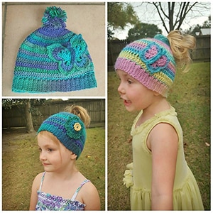 Cotton Candy Wings Messy Bun Hat | Friday Feature #18 via @beckastreasures with @ArtofaDG #crochet | See the latest designer features here: https://goo.gl/UIvoYx OR SIGN UP to get featured at Rebeckah's Treasures here: https://goo.gl/xjDP52 #crochet