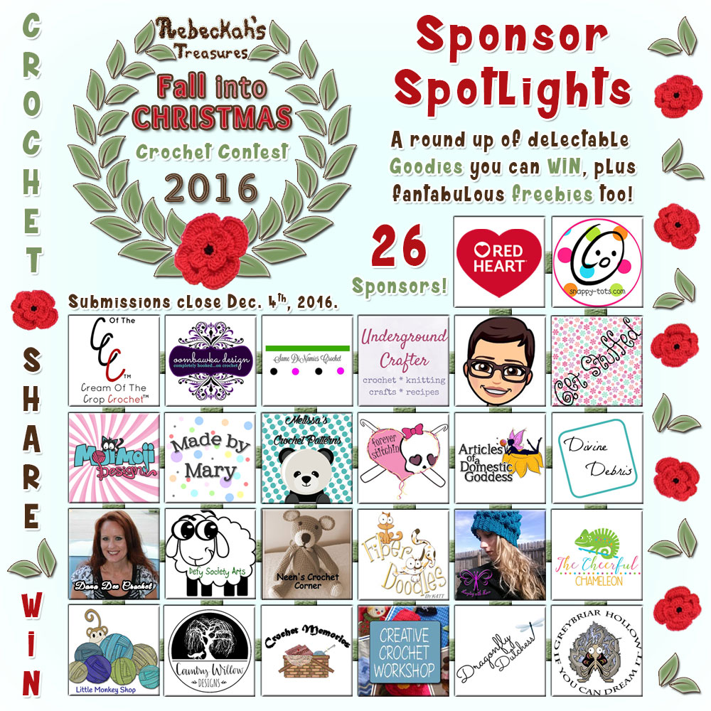 Sponsor Spotlights - a round up of delectable goodies you can buy or #WIN, plus fantabulous #freebies from ALL 26 sponsors for the Fall into Christmas Crochet Contest 2016 via @beckastreasures | #fallintochristmas2016 #crochetcontest #spotlight #crochet #roundup