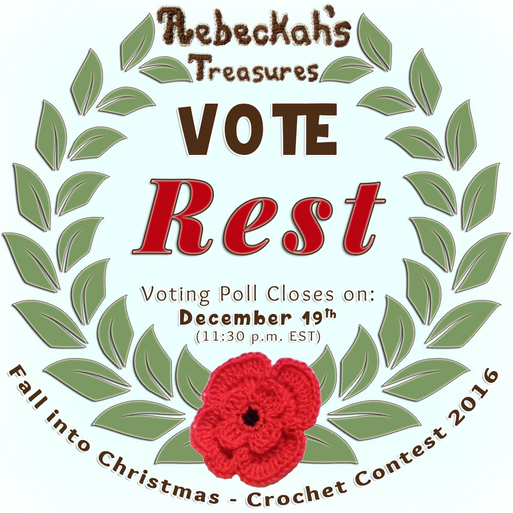 VOTE REST in the Fall into Christmas 2016 crochet contest via @beckastreasures! | Help your favourites win these awesome prizes. | Up to 5 votes daily! Vote here: https://goo.gl/mB0UZY #fallintochristmas2016