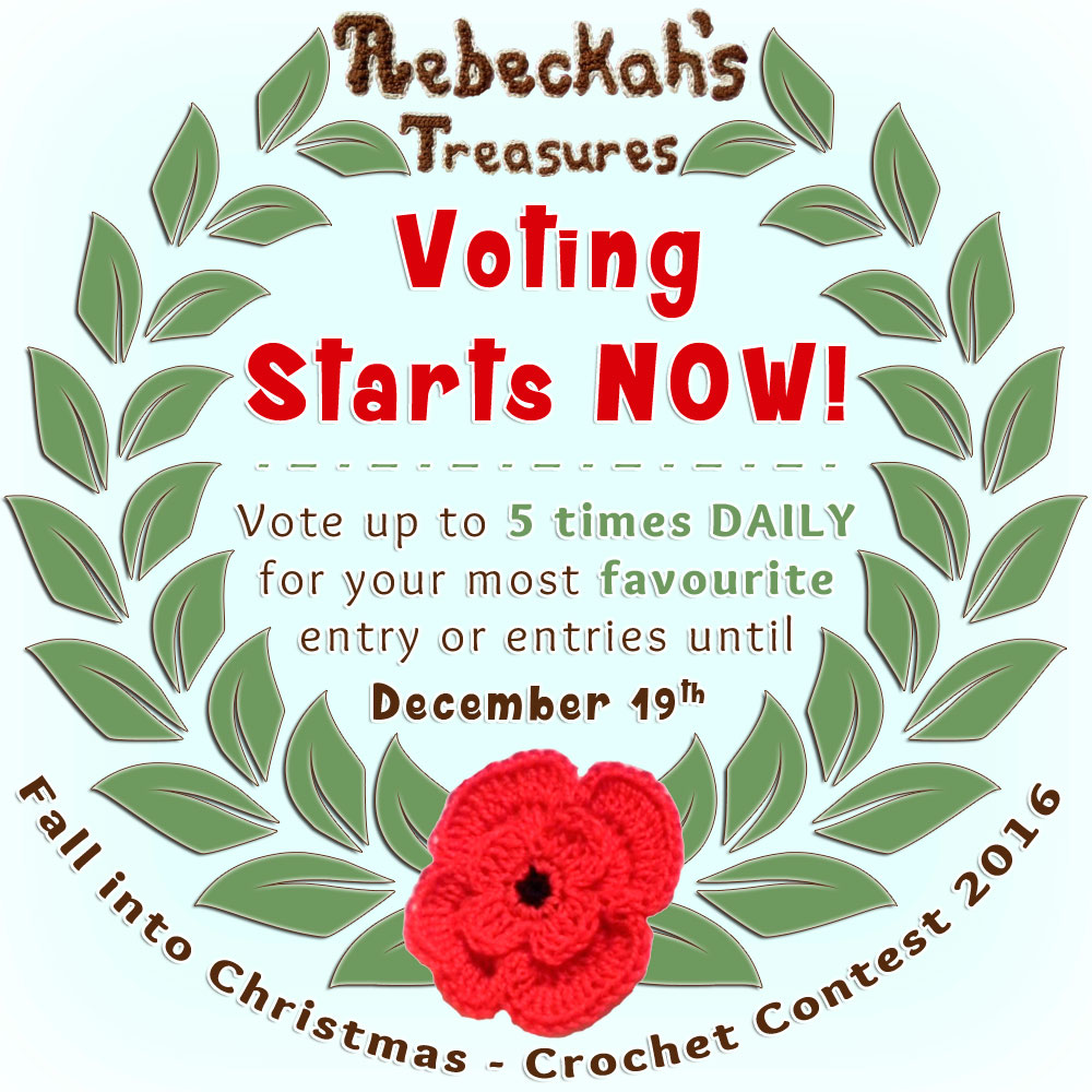 Cast your votes in the Fall into Christmas 2016 crochet contest via @beckastreasures and help your favourites win incredible crochet packages!!! | Up to 5 votes daily in EACH category for a total of 15 votes per day! Learn more here: https://goo.gl/kBLEjE #fallintochristmas2016