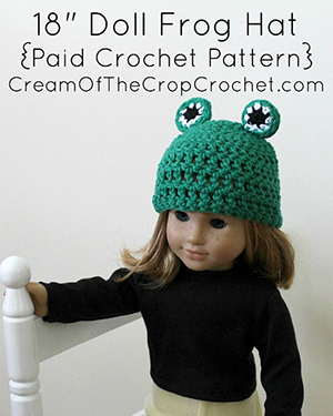 18-inch Doll Frog Hat - Crochet Pattern by @COTCCrochet | Featured at Cream of the Crop Crochet - Sponsor Spotlight Round Up via @beckastreasures | #fallintochristmas2016 #crochetcontest #spotlight #crochet #roundup