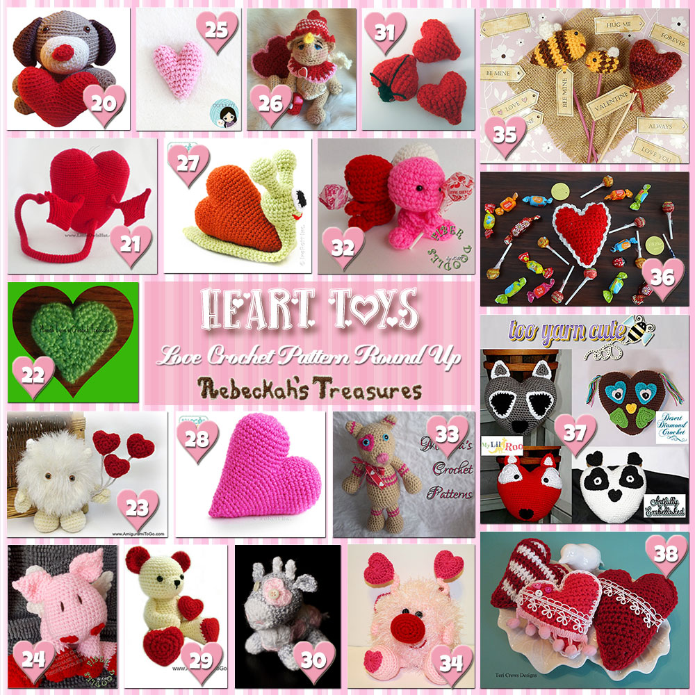 I Heart Toys! (Collage B) | A LOVE Round Up by @beckastreasures with @sharonojala @IraRott @_K4TT_ & MORE! | Featuring 38 #Crochet #Patterns from 23 designers (20 #FREE + 18 Premium) | #hearts #kisses #valentines #love