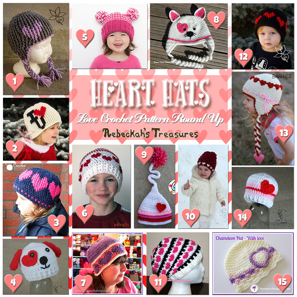 I Heart Hats! (Collage A) | A LOVE Round Up by @beckastreasures with & MORE! | Featuring 31 #Crochet #Patterns from 18 designers (18 #FREE + 13 Premium) | #hearts #kisses #valentines #love