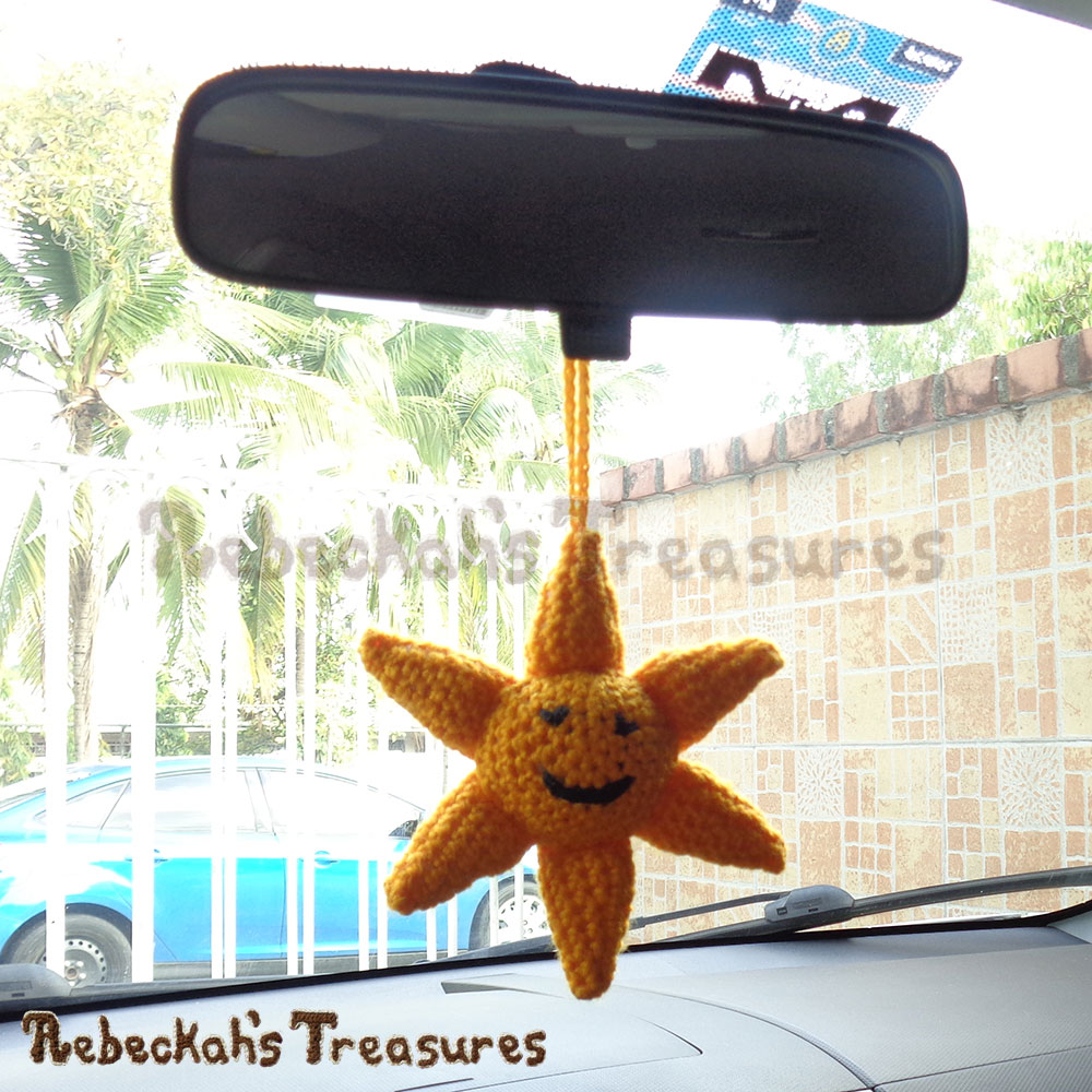 My Only Sunshine - Yarn Variation as a car mirror decoration! | Amigurumi Crochet Pattern by @beckastreasures | Will it be mirror decoration, part of a baby mobile or a special charm? YOU get to decide!!! | | Available to purchase in my #Ravelry & Website shops, or as part of the May 2017 issue of @getstuffed - Get your copy today! | #crochet #pattern #sun #sunshine #amigurumi #GetStuffedMagazine