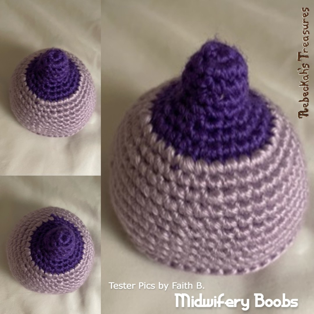 Midwifery Boobs Tester Pictures by #FaithB | #FREE Amigurumi Crochet Pattern by @beckastreasures | Written pattern | Available for free on my blog or to purchase in my #Ravelry & Website shops - Get your copy today! | #crochet #pattern #amigurumi #boob #midwifery #doula #midwife #breastfeeding #breast #RebeckahsTreasures