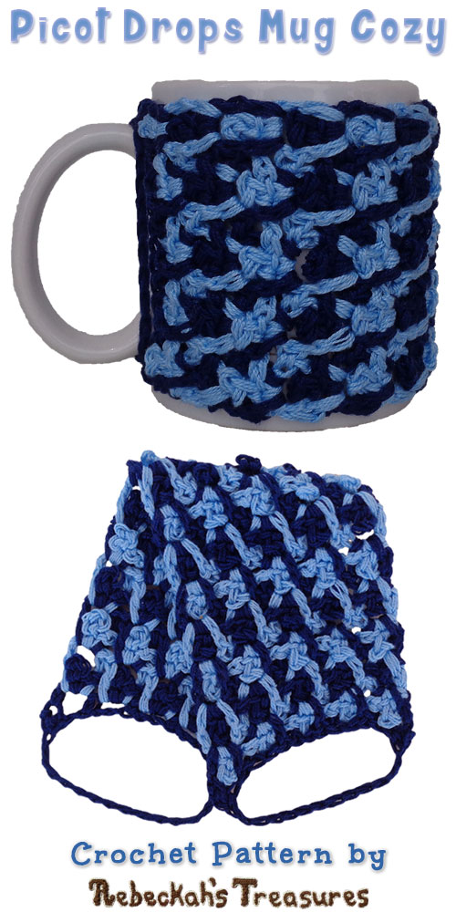 Two Blues Picot Drops Mug Cozy | Free Crochet Pattern by @beckastreasures | Holiday Stashdown CAL 2016 with @ucrafter | #HolidayStashdownCAL2016 #crochet #mugcozy | Join today!