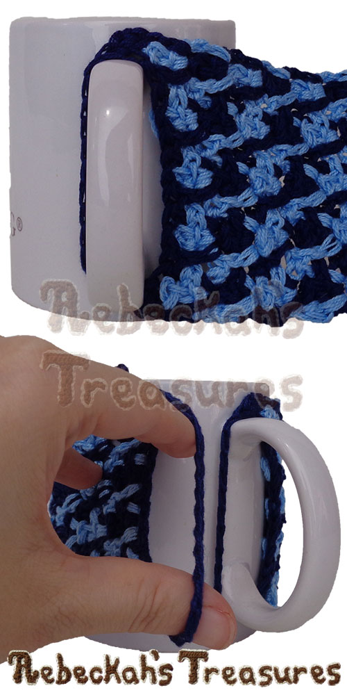 Placing the Picot Drops Mug Cozy onto a Mug | Free Crochet Pattern by @beckastreasures | Holiday Stashdown CAL 2016 with @ucrafter | #HolidayStashdownCAL2016 #crochet #mugcozy | Join today!