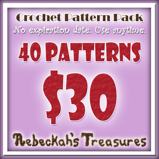 Save big with this special pattern pack: 40 Patterns for ONLY $30 via @beckastreasures! No expiration date - use anytime. | Hurry, this offer won't last forever. | Visit www.rebeckahstreasures.com/store | #crochet #patterns #bargain #patternpack