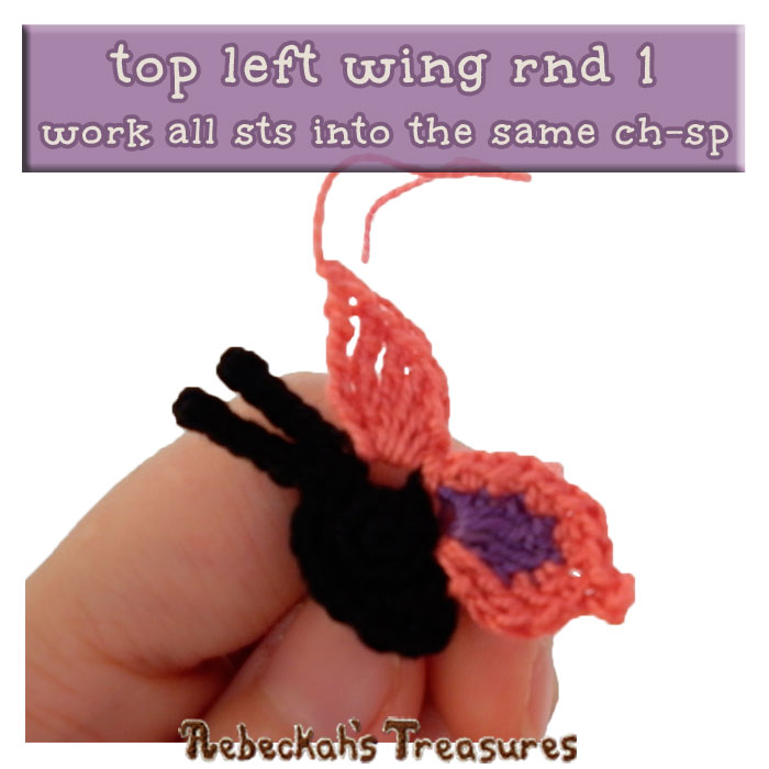 WIP Picture 10 | Crocheting the Elegant Butterfly's Top-Left-Wing via @beckastreasures | FREE Pencil Topper / Finger Puppet Crochet Pattern!