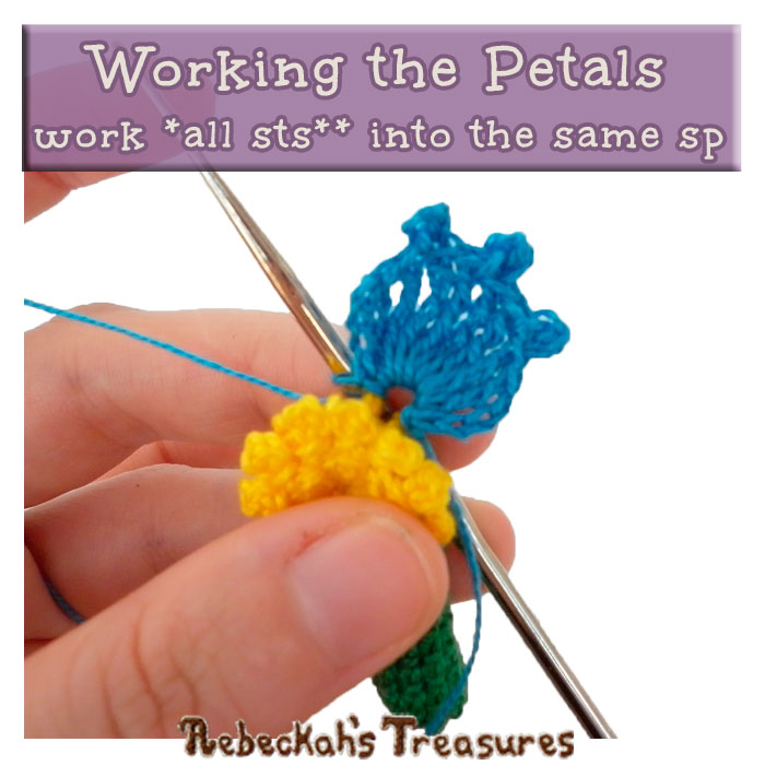 WIP Picture 3 | Crocheting the Petals of the Forget-Me-Knot Flower via @beckastreasures | FREE Pencil Topper / Finger Puppet Crochet Pattern!
