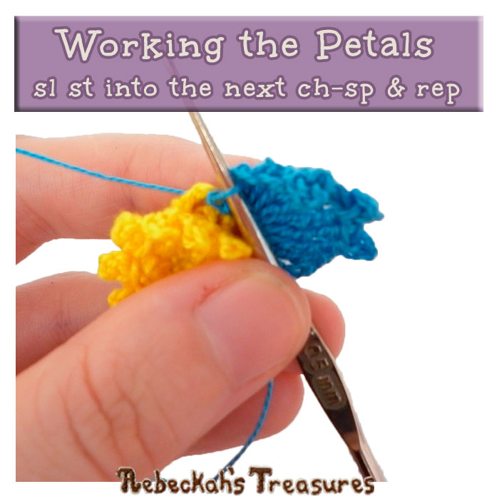 WIP Picture 4 | Crocheting the Petals of the Forget-Me-Knot Flower via @beckastreasures | FREE Pencil Topper / Finger Puppet Crochet Pattern!