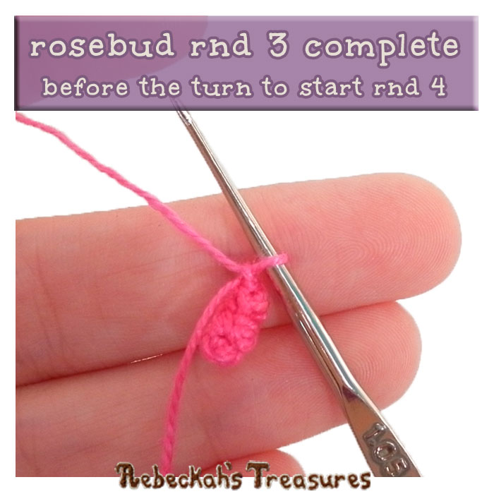 WIP Picture 01 - rnd 3 | Crocheting the Rosebud via @beckastreasures | FREE Pencil Topper / Finger Puppet Crochet Pattern! | Visit www.rebeckahstreasures.com! #crochetrose #penciltopper #rose