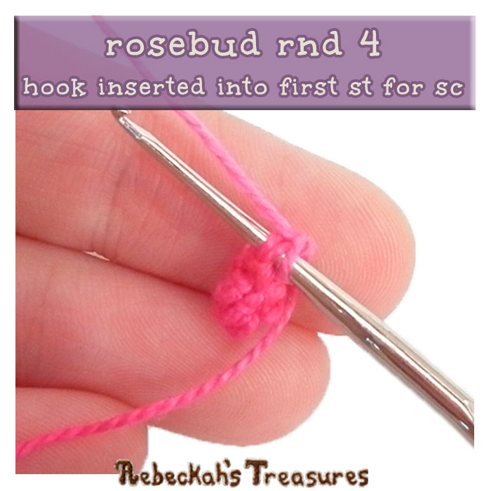 WIP Picture 02 - rnd 4 | Crocheting the Rosebud via @beckastreasures | FREE Pencil Topper / Finger Puppet Crochet Pattern! | Visit www.rebeckahstreasures.com! #crochetrose #penciltopper #rose
