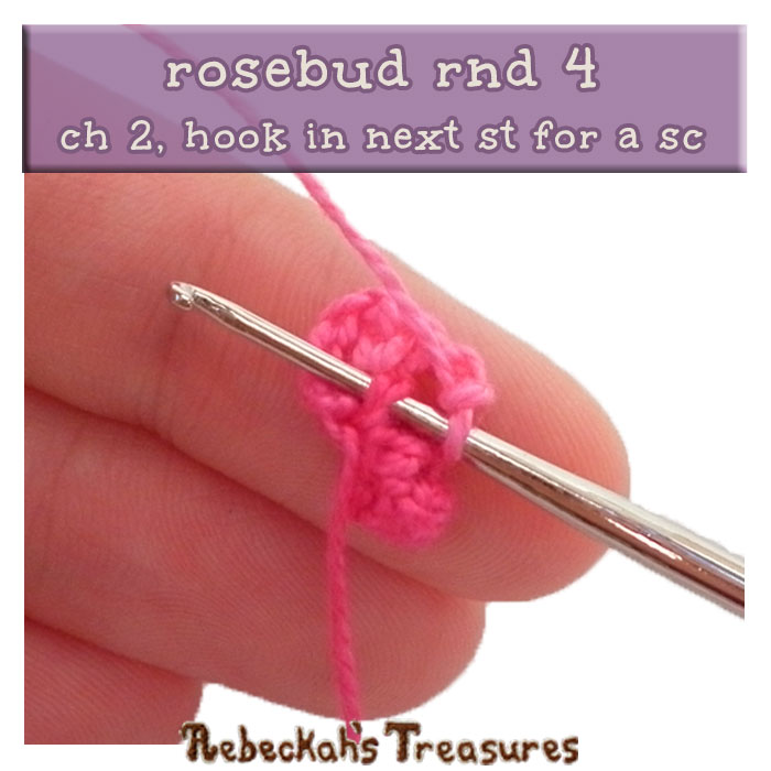 WIP Picture 03 - rnd 4 | Crocheting the Rosebud via @beckastreasures | FREE Pencil Topper / Finger Puppet Crochet Pattern! | Visit www.rebeckahstreasures.com! #crochetrose #penciltopper #rose