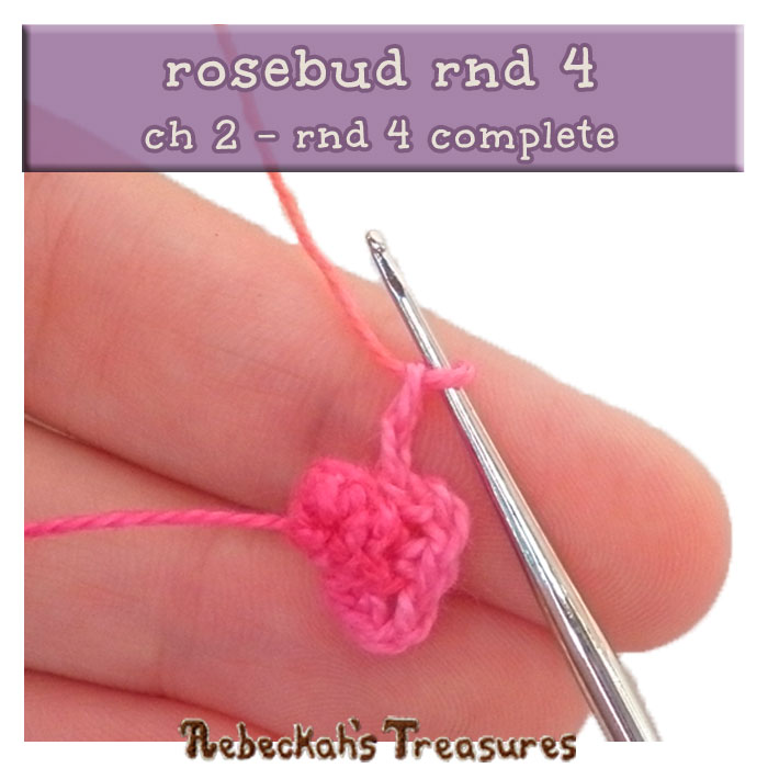 WIP Picture 04 - rnd 4 | Crocheting the Rosebud via @beckastreasures | FREE Pencil Topper / Finger Puppet Crochet Pattern! | Visit www.rebeckahstreasures.com! #crochetrose #penciltopper #rose