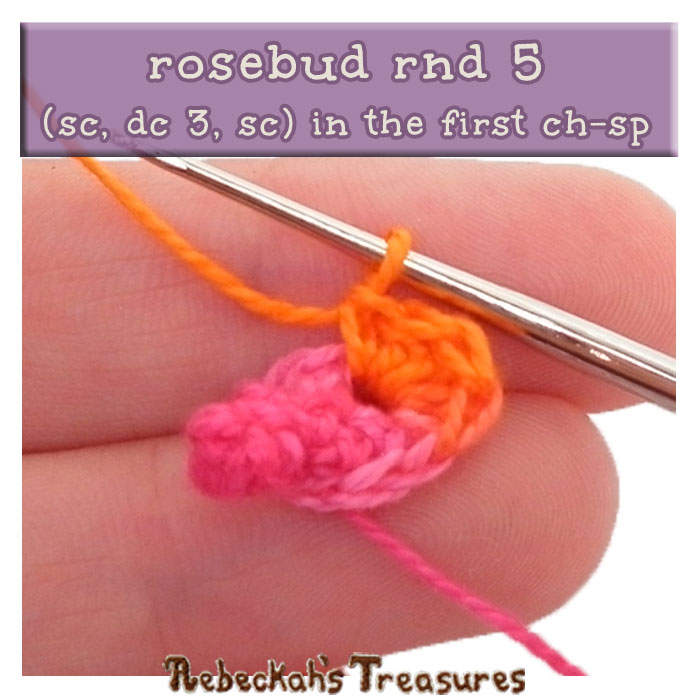 WIP Picture 05 - rnd 5 | Crocheting the Rosebud via @beckastreasures | FREE Pencil Topper / Finger Puppet Crochet Pattern! | Visit www.rebeckahstreasures.com! #crochetrose #penciltopper #rose