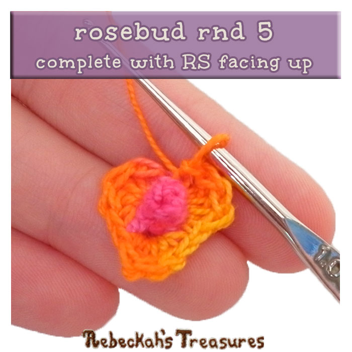 WIP Picture 07 - rnd 5 | Crocheting the Rosebud via @beckastreasures | FREE Pencil Topper / Finger Puppet Crochet Pattern! | Visit www.rebeckahstreasures.com! #crochetrose #penciltopper #rose